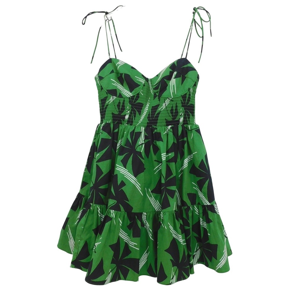 Staud Green Black Floral Bustier Mini Dress Smocked Tie Shoulder Size L